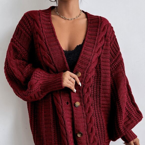 Burgundy Casual Womens Bishop Sleeve Button Up Cardigan - Picture 4 of 5